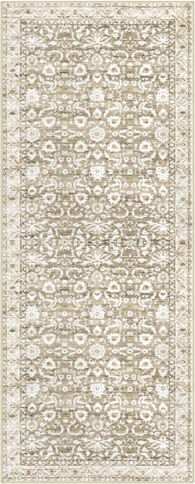 Vintage Floral 2.6x8 Runner Rug, Beige Tan White Washable Kitchen Runner Rug Non-Slip Hallway Rug Runner Thin Printed Faux Wool Super Soft Carpet for Entryway Bedroom Laundry Room Indoor