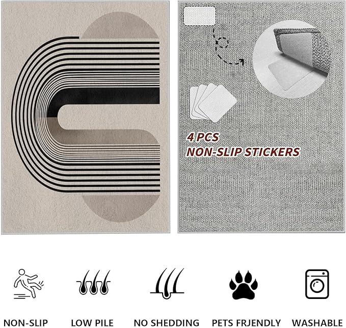 Modern Washable Rug for Living Room 7x9, Boho Abstract Striped Area Rugs, Soft Non Slip Low Pile Farmhouse Carpet for Bedroom Dining Room Kitchen, Stain Resistant, Pet Friendly, Beige Black