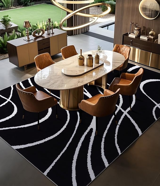 YIHOUSE Black Modern Area Rugs 8x10,Large Black and White Washable Rug for Living Room,Thin Abstract Geometric Rug,Minimalist Striped Rugs 8x10 for Bedroom,Office