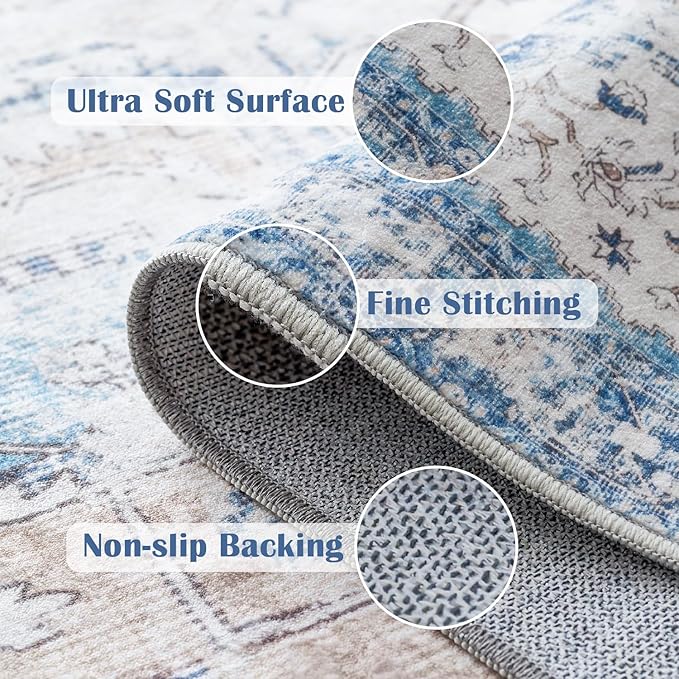 jinchan Kelda Runner Rug 2x6 Washable Rug Soft Hallway Runner Indoor Vintage Print Floor Cover Retro Distressed Lightweight Non-Slip Thin Carpet for Bathroom Kitchen Living Room Bedroom Blue