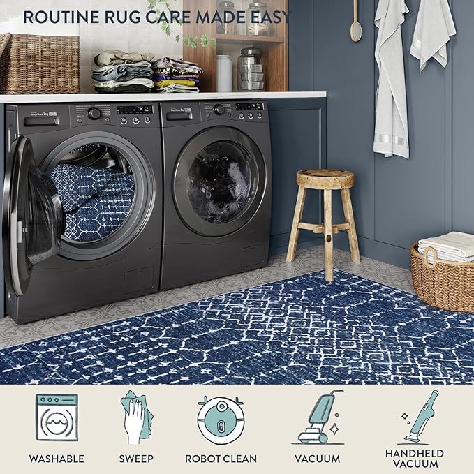 Lahome Moroccan Washable Area Rugs 6x9 Non-Slip Ultra-Thin Soft Living Room Carpet, Modern Geometric Print Stain Resistant Rug Carpet for Bedroom Dining Room Office, Blue