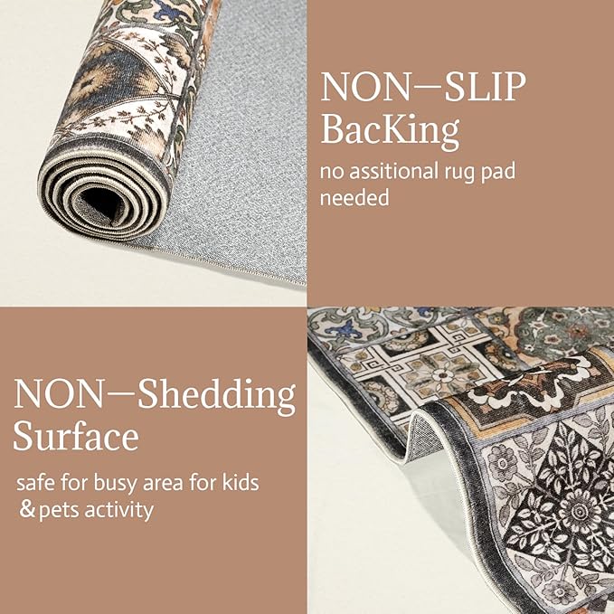 Washable Entryway Rug 3'x5 Non-Slip Backing Vintage Indoor Rug Low Pile Lighrweight Carpet for High-Traffic Indoor Entrance & Kitchen