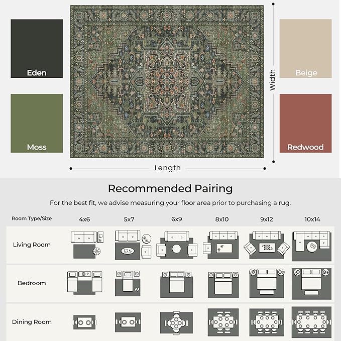 Kokia 9x12 Washable Area Rugs Dark Green with Vintage Orient Design, Soft Rug for Living Room or Bedroom, Non-Slip Low Pile Stain Resistance Features, Distressed Medallion Pattern