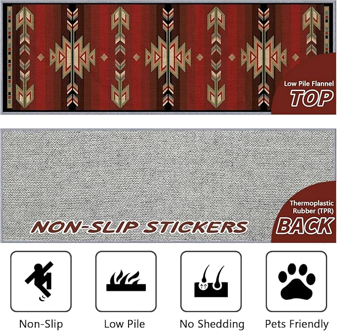 Red Arrow Runner Rug, 2.6x7ft Retro Geometric Hallway Runner Rug - Corridor & Busy Home Foyer Rugs, Washable Flannel Non-Slip Mat, Southwestern Tribe Decor Carpet for High-Traffic Areas