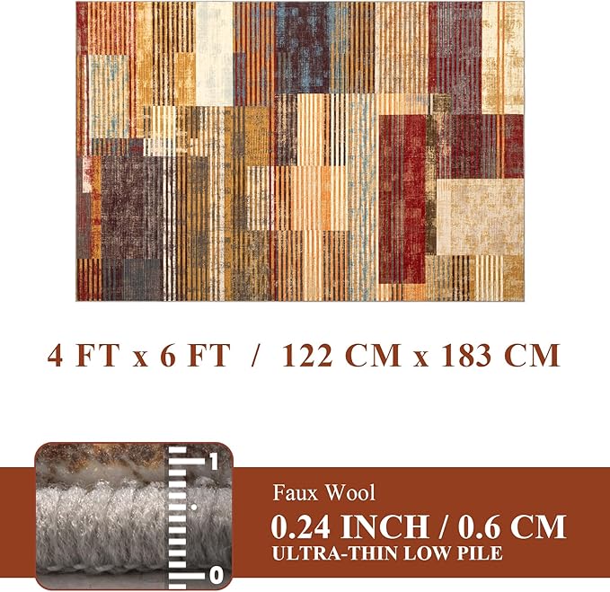 YIHOUSE Brown Area Rug 4x6, Farmhouse Rugs Washable,Vintage Burgundy Carpets for Bedroom,Burnt Orange Area Rug Non Slip,Geometric Boho Rug for Kitchen,Dining Room