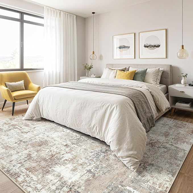6x8 Area Rug Living Room: Machine Washable Large Abstract Modern Soft Rugs Stain Resistant Indoor Floor Non Slip Accent Carpet for Bedroom Nursery Playroom Office Dining Room Dorm Home House- Brown