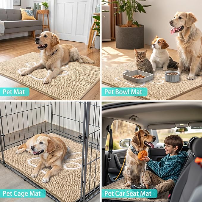 Smiry Dog Door Mat for Muddy Paws, Absorbent Dirt Trapper Non Slip Quick Dry Washable Chenille Mat for Mud Dogs, Entry Rug for Indoor and Outdoor (40x32 Inches, Beige and White)