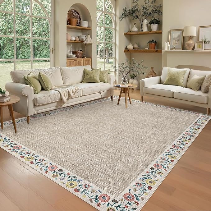 GarveeHome Washable Living Room Rug 9x12 Floral Bordered Area Rugs Soft Thin Indoor Carpet for Bedroom Modern Throw Aesthetic Mat Non Slip Stain Resistant Carpet for Dining Room Office, Light Camel
