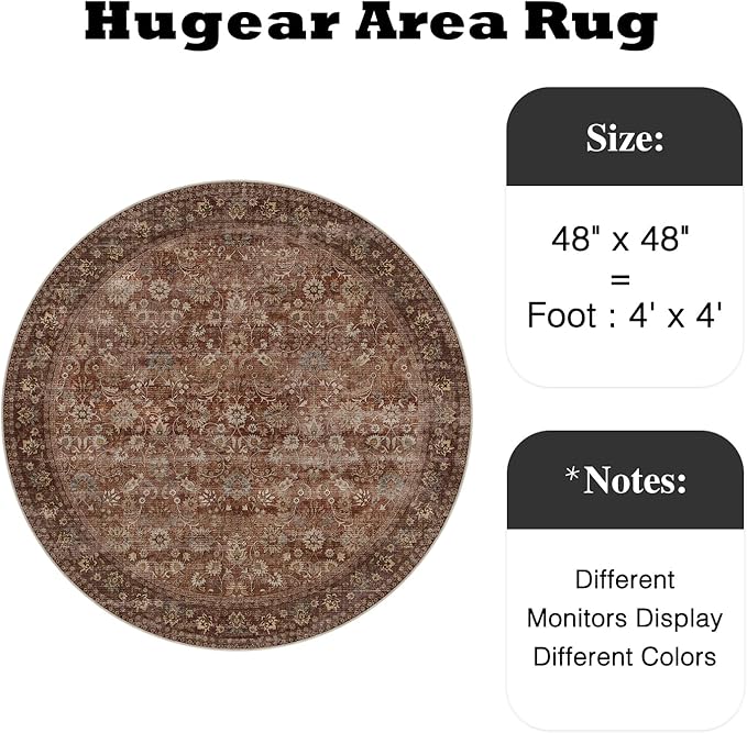 HUGEAR Round Rug 4ft Entryway Rugs Machine Washable Brick Red Hallway Area Rug 4x4 Small Circle Accent Rug Floral Low Pile Carpet Soft Throw Rug Living Room Office Laundry Room Entrance Non Slip
