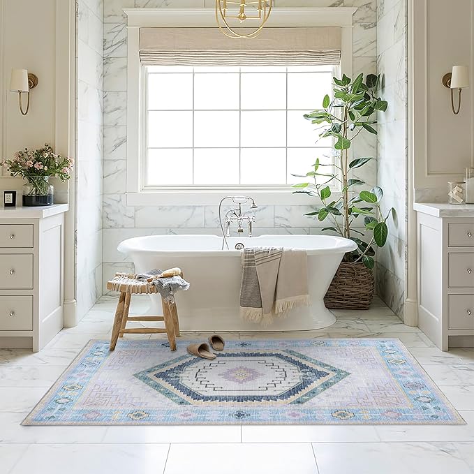 Fame Living Washable Area Rug. Modern Farmhouse. Vintage. Turkish. Bohemian. Distressed. Oriental. Traditional. Rugs for Living Room. Dining. Bedroom. Office. Entryway. Foyer. (856PBl, 5'9" x 8'9")