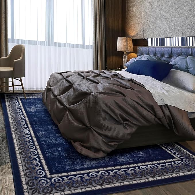 Antep Rugs Alfombras Bordered Modern 3x5 Non-Slip (Non-Skid) Low Pile Rubber Backing Indoor Area Rug (Navy, 3' x 5')