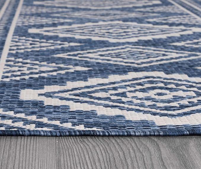 Beverly Rug Waikiki Boho Indoor Outdoor Rug 10x14, Washable Outside Carpet for Patio, Deck, Porch, Bohemian Area Rug, Farmhouse Rugs, Aztec Tribal Rug, Azure and White