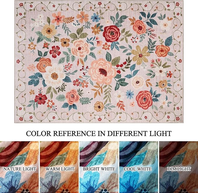 DUKINO 5x7 Area Rug, Floral Rugs for Living Room, Lightweight Non Slip Washable Rug, Indoor Low Pile & Non-Shedding Boho Design Rugs for Bedroom, Living Room, Dining Room, Beige