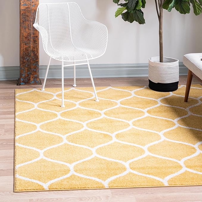 Rugs.com Lattice Frieze Collection Rug – 6' Square Yellow Medium Rug Perfect for Living Rooms, Kitchens, Entryways