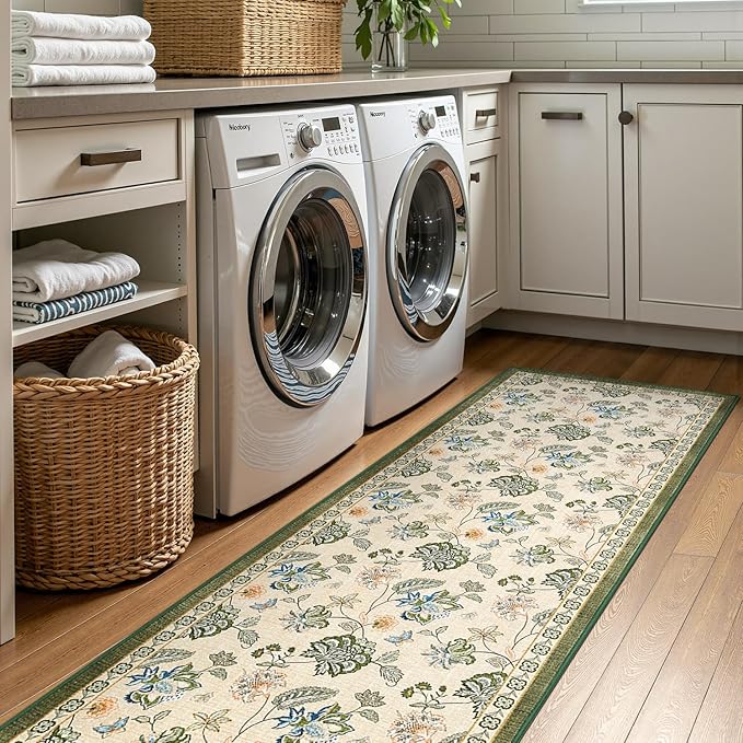 jinchan Elora 2x5 Floral Runner Rug for Hallway Washable Kitchen Runner Vintage Romance Design Non Slip Thin Indoor Floor Cover Low-Profile Throw Carpet for Entryway Bedroom Porch, Green/Beige