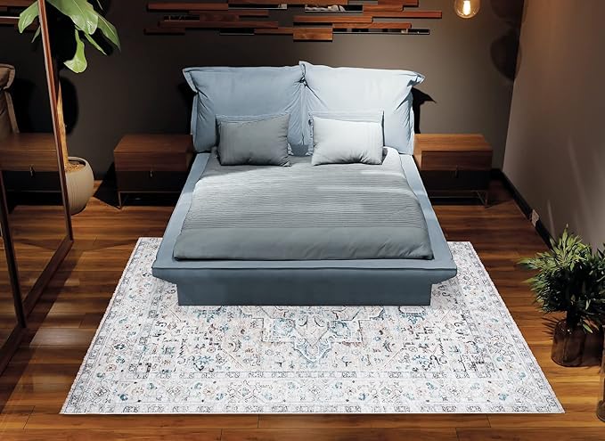 Bloom Rugs Caria Washable Non-Slip 3x5 Rug - Seashell/Teal Blue Traditional Area Rug for Living Room, Bedroom, Dining Room, and Kitchen - Exact Size: 3' x 5'