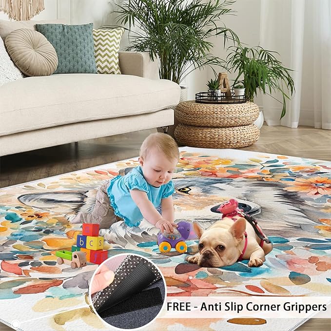 2x4 Wolf Runner Rug for Hallway - Watercolor Florals Kitchen Mat, Animals Kitchen Runner Rug Soft Non Slip Anti Fatigue for Laundry Room Indoor Hallways
