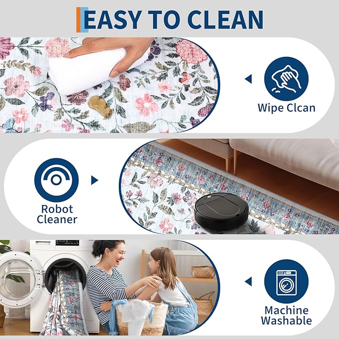 GarveeHome 2x3 Floral Rugs for Entryway, Non-Slip Soft Vintage Throw Door Mat, Low Pile Foldable Farmhouse Carpet, Non-Shedding Indoor Washable Small Rug for Bedroom, Light Blue