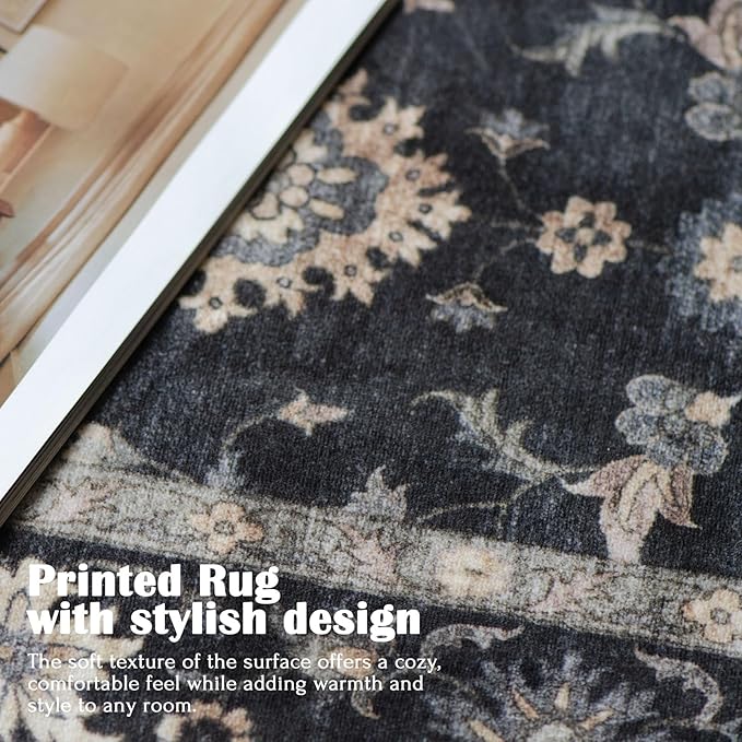 Area Rugs 10x14 Living Room - Large Washable Charcoal Black Boho Rugs for Bedroom Soft Vintage Farmhouse Rug Ultra-Thin Traditional Floral Carpet Moody Rug for Dining Room Guest Room Home Decor