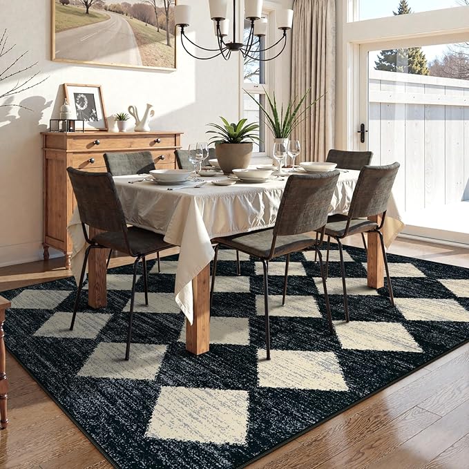 Lahome Machine Washable Area Rug 6x9, Soft Large Bedroom Rug Non Slip Living Room Rugs Dining Room Rugs for Under Table, Moroccan Trellis Printed Black and White Indoor Carpet for Den Dorm Playroom