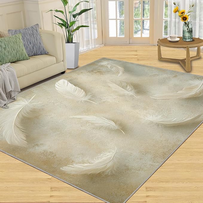 3x5 Feathers Dorm Rug - Minimalist Feathers Small Rugs for Bedroom, Natural Still Life Area Rug Washable Non Slip for Bedroom Kitchen Living Room Entryway
