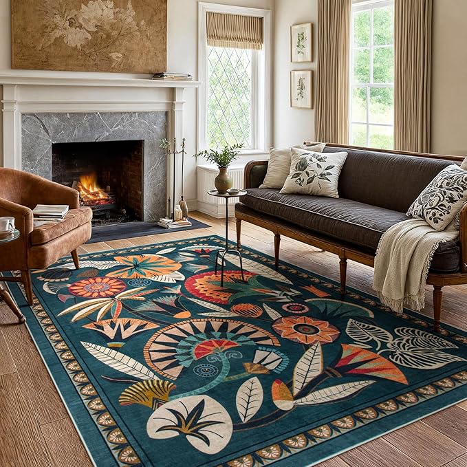 Boho Egypt Green Area Rugs for Living Room Bedroom, 5x7 Washable Large Dining Room Rug Non Slip, Floral Vintage Farmhouse Throw Carpet for Office Hardwood Floor Playroom (Dark Green,5 x 7)