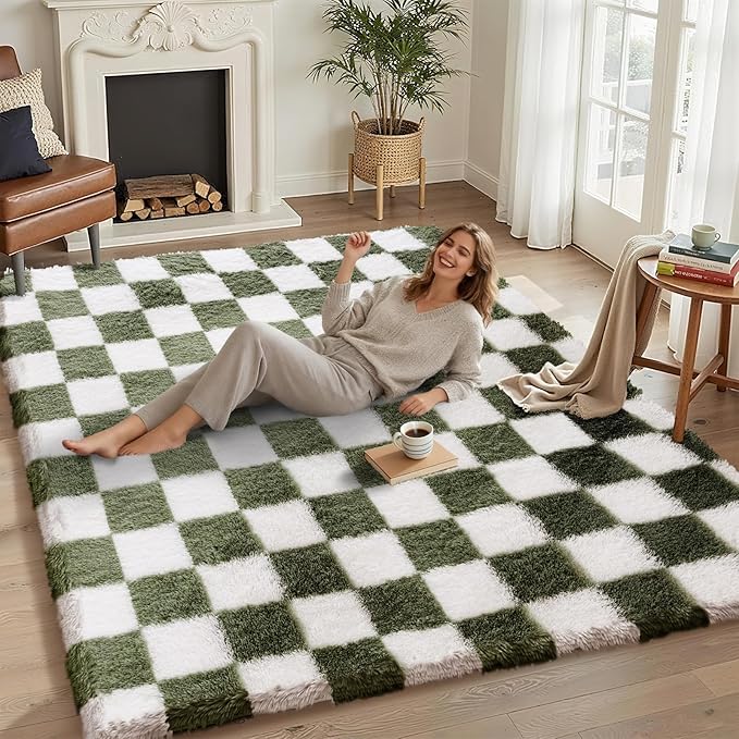5x7 Area Rugs for Living Room Bedroom, Soft Fluffy Shaggy Bedside Rug, Indoor Floor Carpet for Kids Playroom, Dorms, Nursery Rooms, Home Decor (Olive Green & White 5'x7')
