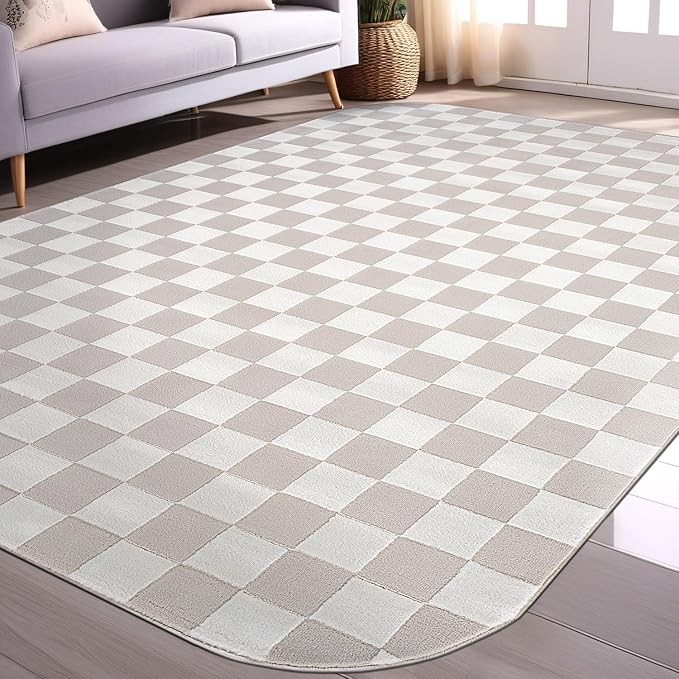 Beverly Rug Modern Geometric Area Rug 8x10 Low-High Pile Durable Soft Abstract Checkered Indoor Rugs for Living Dining Room Office Stain Resistant Non Shedding Casual Indoor Carpet Beige White 8 x 10