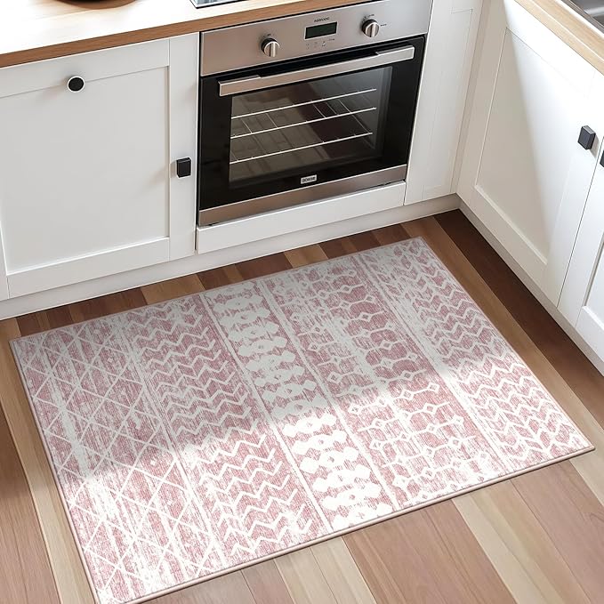 2x3 Machine Washable Area Rug for Entryway, Pink Vintage Moroccan Rug Non-Slip Low Pile Soft Faux Wool Small Carpet, Kids and Pets Friendly for Bedroom Kitchen Hallway Home Decor Rug