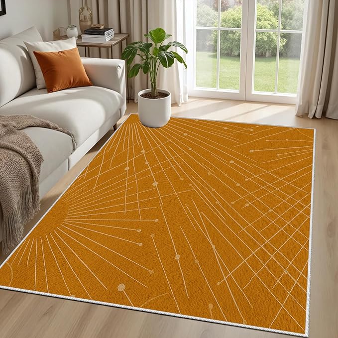 Modern Washable Area Rug 6x8, Boho Minimalist Non-Slip Rugs, Abstract Striped Soft Carpet for Living Room Bedroom Nursery Room Home Decor Office, Pet Friendly, Orange Beige