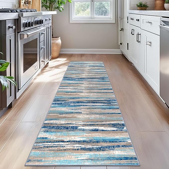 Modern Abstract Bedroom Runner Rug 2x7, Blue Washable Kitchen Runner, Non-Slip Soft Thin Faux Wool Mat for Entryway, Hallway, Laundry Room, Indoor Home Decor