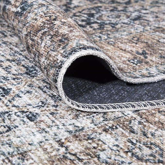 Bloom Rugs Caria Washable Non-Slip 4x6 Rug - Dark Blue/Tan Traditional Area Rug for Living Room, Bedroom, Dining Room, and Kitchen - Exact Size: 4' x 6'