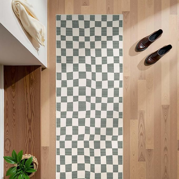 jinchan Runner Rug 2x5 Hallway Washable Modern Checkered Geometric Lattice Kids Bedroom Rug Indoor Floor Cover Non Slip Soft Carpet for Nursery Room Kitchen Laundry Room Home Grey