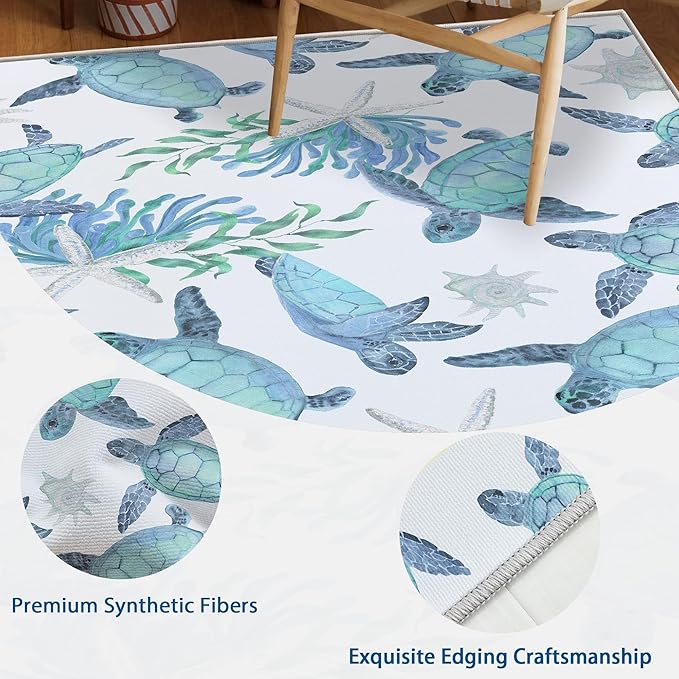 Tritard Coastal Sea Turtles Area Rugs Beach Themed Nautical Starfish Coral Accent Rugs Non-Slip Sea Marine Life Rugs Floor Carpet for Living Room Bedroom, Teal, 5x7 Feet