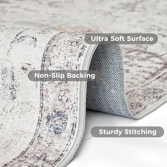 jinchan Kalen Runner Rug 2x6 Washable Hallway Rug Vintage Indoor Thin Retro Floor Cover Distressed Gray Floral Country Lightweight Non Slip Carpet for Entryway Bathroom Bedroom Living Room Grey