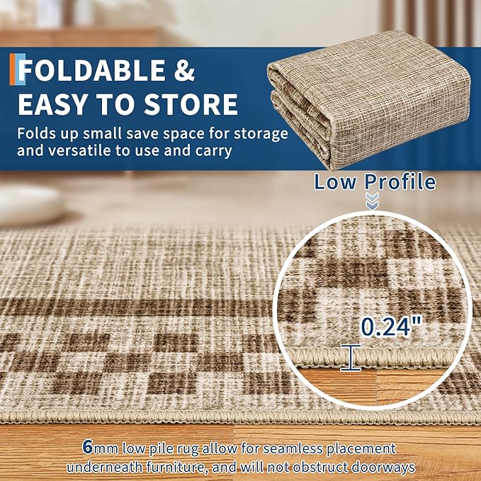 Washable Runner Rug 2x10 Modern Bordered Hallway Runner Rug Non Slip Kitchen Throw Carpet Checkered Bathroom Entryway Runner Rugs Low Pile Solid Area Rugs for Living Room Bedroom Nursery Sink, Taupe