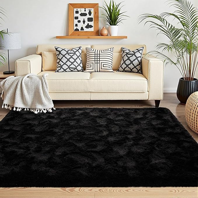 Beglad Soft Fuzzy Area Rugs for Living Room, Modern Minimalist Style Fluffy Rugs, Non-Slip Indoor Carpet Rugs for Kids Room, Bedroom, 6x9, Black