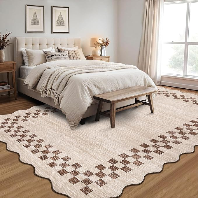 GarveeHome 10x13 Area Rug Large Living Room Scalloped Rug Non Slip Low Pile Bedroom Throw Carpet Soft Modern Bordered Dining Room Rug Stain Resistant Boho Carpet for Home Office, Beige