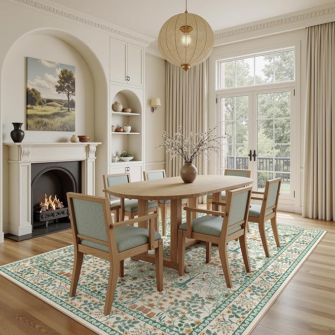 5x7 Area Rugs Living Room Rug - Floral Vintage Morris-Inspired Washable Carpet, Low Pile Non-Shedding Stain Resistance Boho Soft Carpet for Bedroom, Dining Room, Office, Farmhouse (5'x7' Beige Green)