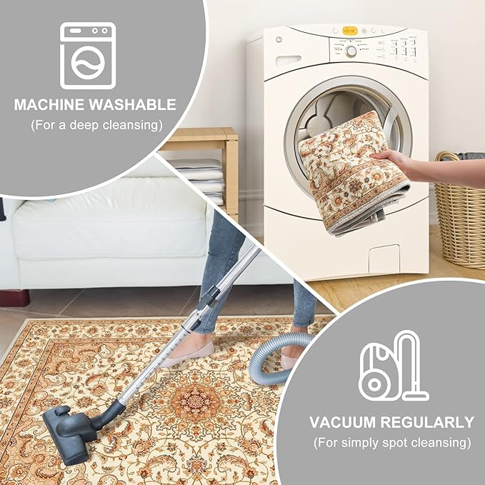 COMSLE Boho Area Rug, 2 x 3 Ft Machine Washable Rugs for Entryway Faux Wool Small Rugs Distressed Throw Rug Non-Slip Floor Carpet for Indoor Bedroom Kitchen Living Room