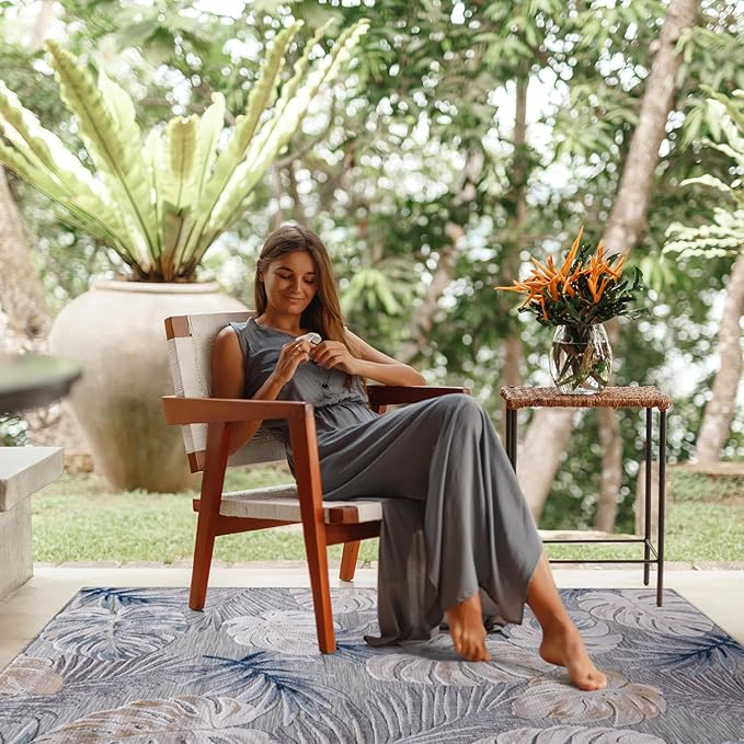 CAMILSON Indoor Outdoor Rug, Blue 5x7 Leaf Tropical Botanical Area Rugs for Indoor and Outdoor patios, Easy-Cleaning Non-Shedding Living Room, Garden and Kitchen Washable Outside Carpet (5 x 7)