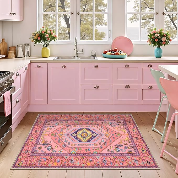 SERISSA Small Rugs for Entryway, 2x3 Fuchsia Pink Washable Non-Slip Area Rug Cute Boho Aesthetic Rug, Soft Low-Pile Indoor Door Mat Throw Carpet for Entrance Kitchen Bedroom Teen Girl Kids Room
