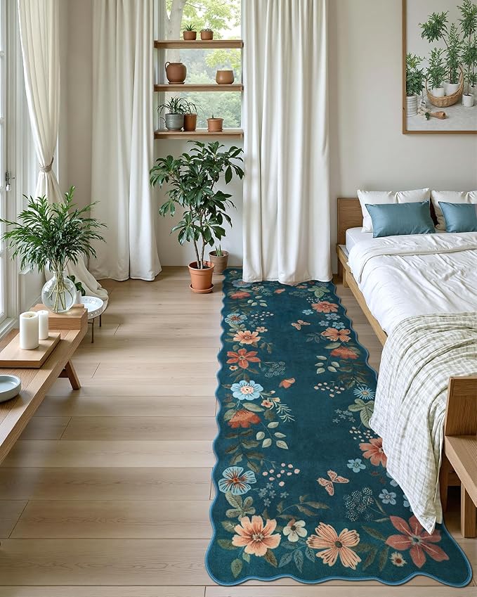 Lahome Floral Washable Runner Rug, 2'6''x8' Soft Hallway Runner Rug Non Slip, Boho Ultra-Thin Kitchen Runners for Hallways with Rubber Backing Carpet for Laundry Bedroom Bathroom(Navy Blue)