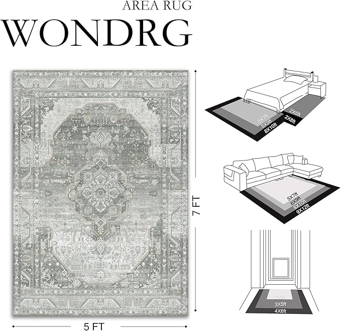 5x7 Grey Washable Vintage Area Rug for Living Room Bedroom Non Slip Distressed Traditional Soft Large Throw Rug Low Pile Lightweight Floral Carpet Office Classroom Dining Laundry Room