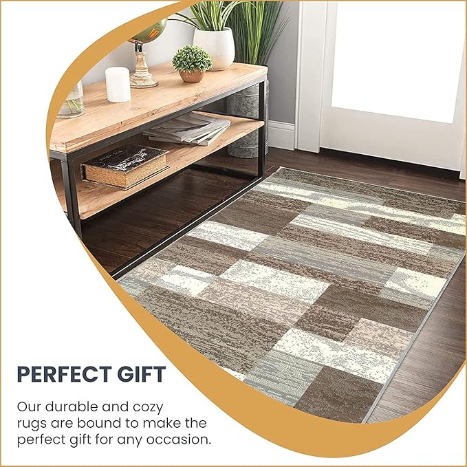 Superior Indoor Area Rug, Jute Backed, Modern Geometric Patchwork Floor Decor for Bedroom, Office, Living Room, Entryway, Hardwood Floors, Rockwood Collection, 3' x 5', Light Blue-Ivory