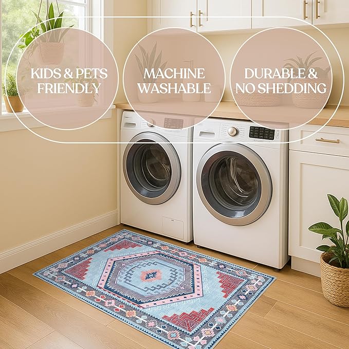 Fame Living Washable Area Rug. Modern Farmhouse. Vintage. Turkish. Bohemian. Distressed. Oriental. Traditional. Rugs for Living Room. Dining. Bedroom. Office. Entryway. Foyer. (856BlM, 2'5" x 6'5")