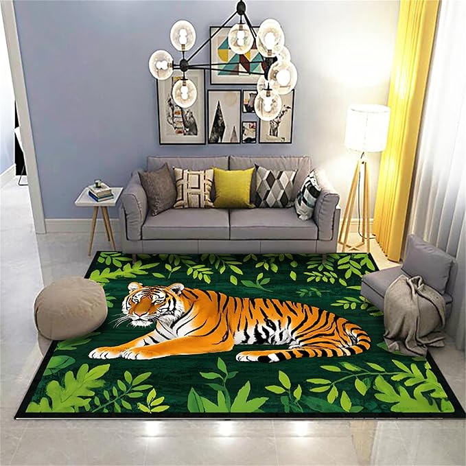Tiger Rugs，3x5ft,Tiger and Green Leaf Print Rug for Living Room，A Colorful and Artistic Tiger Rug, Perfect for A Children's Play Area，Machine Washable Non-Slip Carpet Suitable for Bedroom and Study