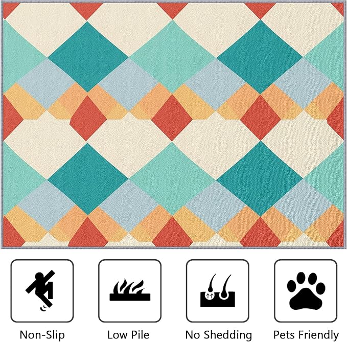 Geometric Rug 3x5 - Colorful Retro Mid Century Modern Rugs for Bedroom Non Slip Low Pile Machine Washable Area Rugs for Living Room Kitchen, Geometric Carpet House Decor & Gifts