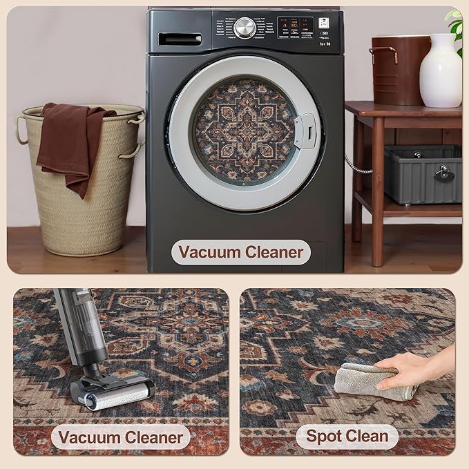 Tangsoo 3x5 Washable Rug, Vintage Rugs Indoor Area Rugs, Boho Non Slip Accent Rug Carpet, Soft Low Pile Rugs for Living Room Dorm Bedroom Bedside Entryway Bathroom Home Decor Dark Blue/Orange