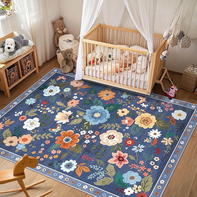 Floral 6x9 Area Rug Machine Washable Soft Print Boho Carpet Non Slip Doormat Low Pile Flower Area Rugs for Living Room Bedroom Nursery Kitchen Dining Room Indoor-Blue/Grey